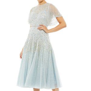 MAC DUGGAL 93655 SEQUIN & CRYSTAL RUFFLE SLEEVE POWDER BLUE MIDI DRESS sz 14